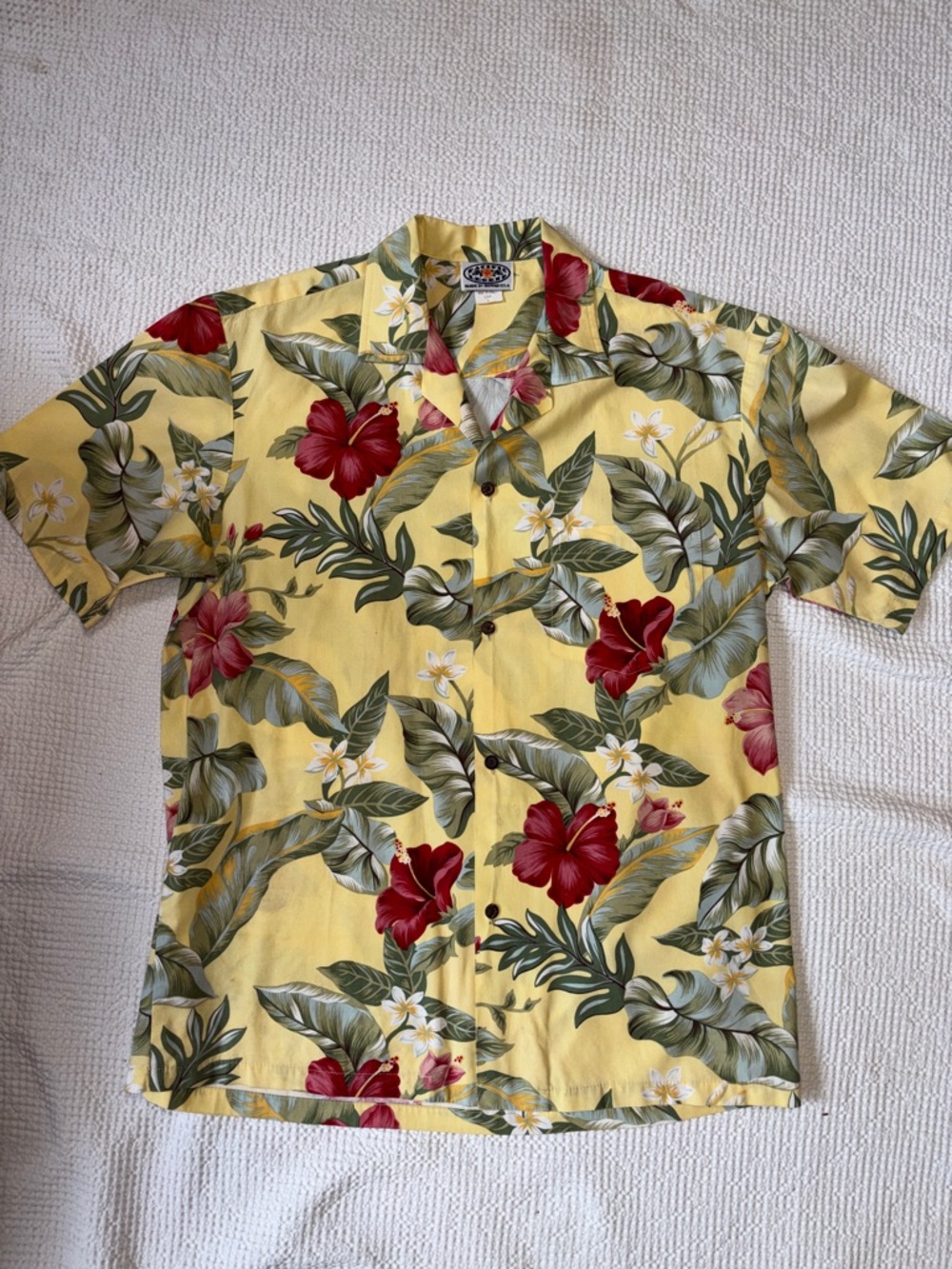 Pacific Legend Hawaiian Yellow Tropical Hibiscus Shirt, Large, EUC, 100% Cotton